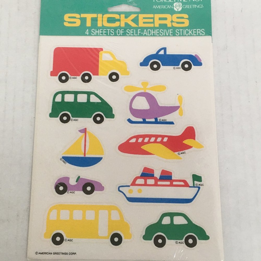 Vintage bright color cars boats planes truck stickers still in original package